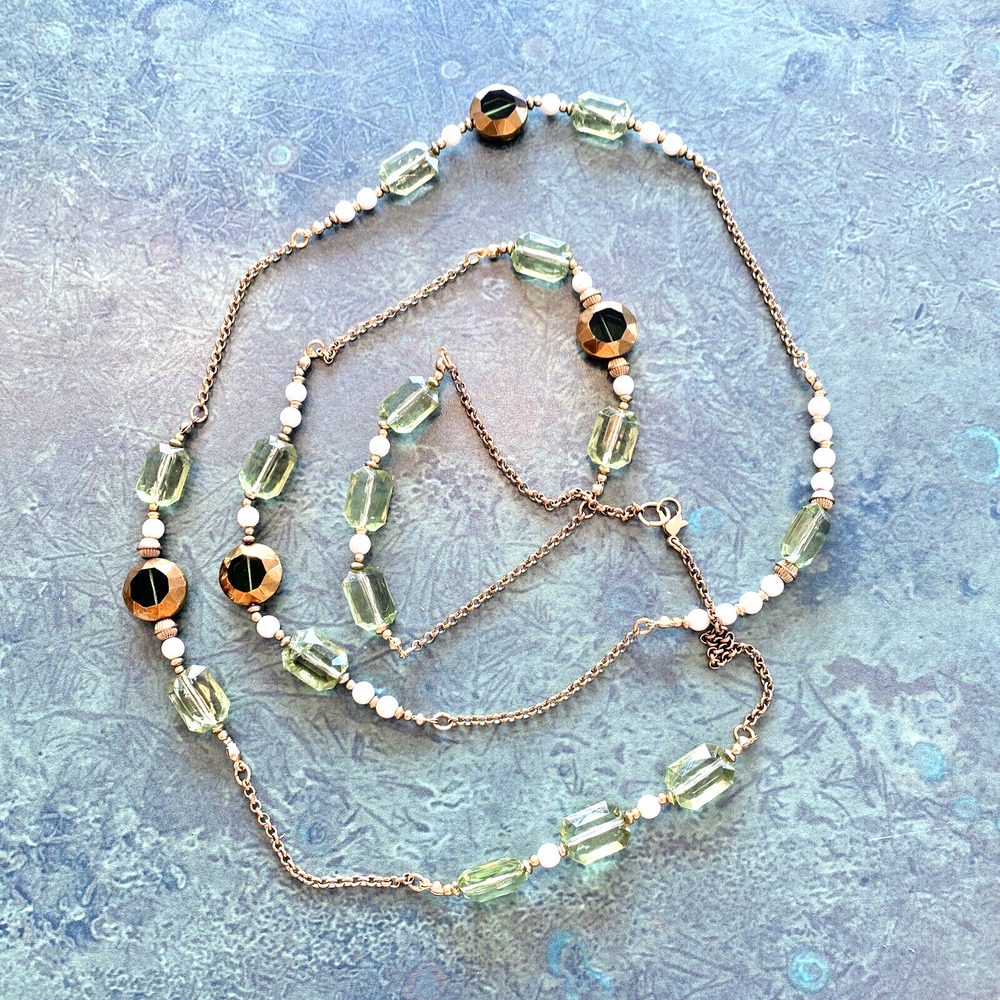 Vintage Inspired Flapper Style Glass Bead Chain Necklace 54" Length Green & Gold